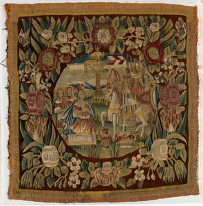 ダビデとアビゲイルを描いたタペストリー・クッションカバー、サムエル記上第二十五章、1615年頃、ドイツ、ハンブルグ製（羊毛） 作： German School