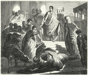 タルキニウス・スーパーバスが義父セルヴィウス・トゥルスを暗殺してローマの王位を主張する様子（版画 作： German School