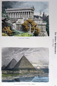 マンチェナービルダーボーゲン、1886年に発行された一連の世界の七不思議シリーズのエフェソスのダイアナ神殿とギザのピラミッド（カラー彫刻） 作： German School