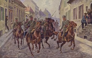 ドイツ・フッサールによるランス市の一時的掌握、第一次世界大戦、1914年9月9日（カラーリトグラフ）