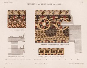 ギリシャ・オリンピア、ゲラの宝物庫のテラコッタ製装飾品（カラーリトグラフ