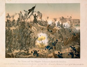 1864年4月18日、第二次シュレスヴィヒ戦争でのディボエルの戦い（Verlag A. Felgner、ベルリン、1864年発行） 作： German School