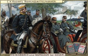 1870年の戦争、セダンの戦い。プロイセン王オットー・フォン・ビスマルク将軍（1815-1898）が皇帝ナポレオン3世（ルイ・ナポレオン・ボナパルト）を護衛。