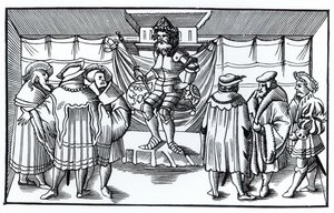 ミュンスター宇宙飛行士の木版画の後の男爵の法廷は、1552年を公開しました 作： German School