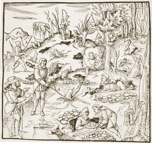 19世紀後半に出版されたマジックの歴史に描かれているフランクフルト1580のGeorg AgricolaによるBergwerk BuchのDivining Rod 作： German School