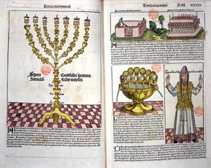 メノラーとヘブライ司祭、ニュルンベルククロニクルハートマンシェデル（1440-1514）1493（色の木版画） 作： German School