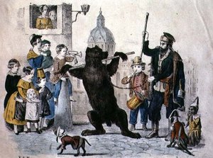 舞台に立つ熊』1860年頃（カラーエングレーヴィング） 作： German School