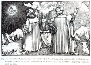 1537年に出版された、Boethiusによる哲学の慰めからの惑星系、中世およびルネサンスの科学および文学からのイラスト、Paul Lacrによって書かれて彫刻された 作： German School