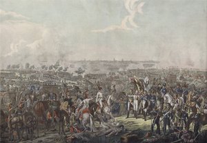 1813年10月18日の夕方にライプツィヒの戦いで勝利したというニュースを連合国の主権者にもたらすシュヴァルツェンベルクの王子 作： German School