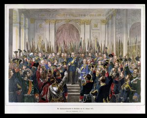 1871年1月18日、ヴェルサイユの鏡の間で、新しいドイツ帝国のカイザーとしてのヴィルヘルムの宣言（カラー彫刻） 作： German School