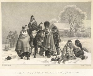モスクワからの退却、1812 年 12 月 3 日、「野原の過程で、私のポートフォリオからの葉」のイラスト 作： German School