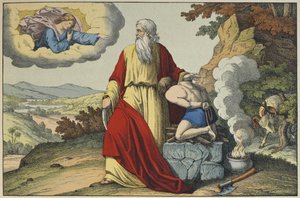 アブラハムによるイサクの犠牲、LAncien Testamentからのイラスト、Jakob Ferdinand Schreiber、エスリンゲン発行（カラー彫刻） 作： German School