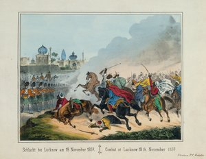 1857年のインド反乱時のウッタルプラデーシュ州のラクナウ包囲戦、PCガイスラー、ニュルンベルク、1857年に発行された絵の大判
