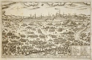 1529年のウィーンの包囲、ヨーロッパでのオスマン帝国のキャンペーンに関する本のイラスト、ポールフュルスト作（c.1605-66） 作： German School