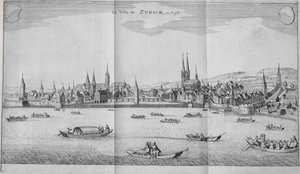 1706年に出版されたヨハンヤコブシュクツァーリイティネラアルピナのII巻から、スイスのチューリッヒの町 作： German School