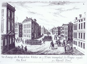 フランソワザビエルハーバーマンによって刻まれた1776年のニューヨークへの王軍の勝利 作： German School