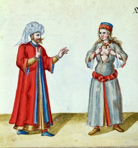 トルコ人と遊女、16世紀の終わり（紙にトイレ、金箔とガッシュ）