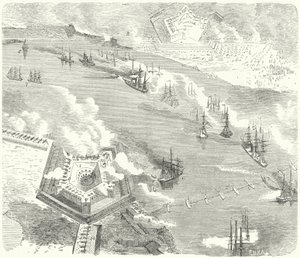 1862年のアメリカ南北戦争、ルイジアナ州フォートジャクソンとフォートフィリップを攻撃する北軍艦隊 作： German School