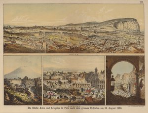 1868年8月13日の大地震の後のペルーのアリカとアレキパの街（カラーリトグラフ 作： German School