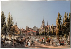 ライプツィヒの見本市。 1810～20年頃（彫刻） 作： German School