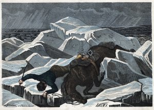 ドナウ川の割れた氷の上で、サンドール伯爵とその馬が転落する。フランツ・ヴィーデマンのドイツの物語「Wenn Jemand eine Reise thut, so kann er was erzahlen（誰かが旅をすると、これが彼の語ることができる）」では 作： German School