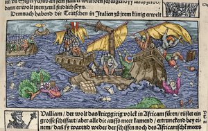 難破した船。ヨハン・シュトゥンフの「Den Edlen Strenghen Besten Fromen」からの版画。 作： German School