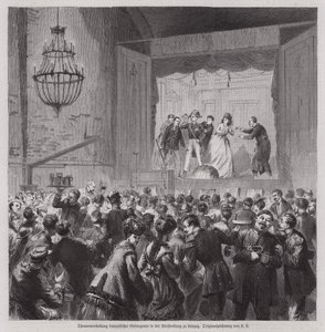 ドイツ・ライプツィヒのプレイセンブルグで行われた普仏戦争のフランス人捕虜による演劇公演（エングレーヴィング 作： German School