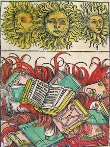 「Three Suns and Book Burning」、ニュルンベルククロニクルで出版、1493 作： German School