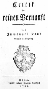 1781年に出版された純粋な理由の批評のタイトルページ、Immanuel Kant著 作： German School