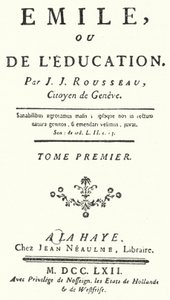 1762年に出版されたジャン＝ジャック・ルソーの『エミール』初版のタイトルページ（エングレーヴィング）。 作： German School