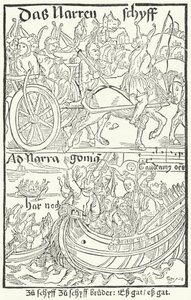 1491年にバーゼルでJohann Bergmann von Olpeによって印刷されたSebastian Brantの「Ship of Fools」の初版のタイトルページ（エングレーヴィング）。 作： German School