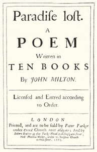 イギリスの詩人ジョン・ミルトンが1667年に出版した『失楽園』の原典版のタイトルページ（エングレーヴィング 作： German School