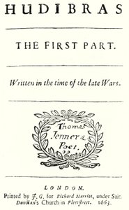 イギリスの詩人サミュエル・バトラーが1663年に発表した風刺詩『Hudibras』のタイトルページ（彫刻 作： German School