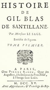 1715年に出版されたフランスの小説家・劇作家のAlain-Rene Lesageによる『Gil Blas』初版のタイトルページ（エングレービング 作： German School