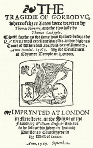 トーマス・ノートンとトーマス・サックヴィルによる『The Tragedie of Gorboduc』（1565年）の初版のタイトルページ（エングレーヴィング