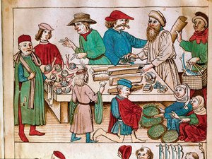 トレード：歩くシーンウルリッヒ・リヒテンタル(1360-1437)の「コンスタンツ公会議の年代記」からのミニチュア 1438年頃 プラハ、国立図書館 作： German School