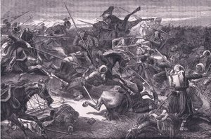 ウーランの攻撃、カッセル・アンド・カンパニー・リミテッド発行のCassells History of the War between France and Germany, c.1890 (litho) 作： German School