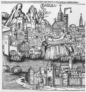 バーゼルの眺め、ハルトマンシェデル（1440-1514）1493によるニュルンベルク年代記のイラスト 作： German School