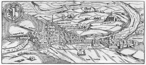 1559年に出版されたセバスチャンミュンスター（1488-1552）バーゼルによる宇宙飛行士ユニバーセルからのジュネーブの眺め 作： German School