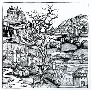 ニュールンベルグ・クロニクル」1493年のポルトガルの眺め（木版画 作： German School