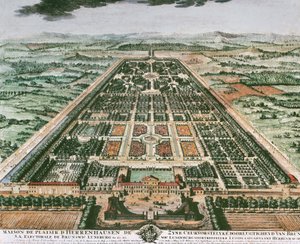 ヘレンハウゼン城の庭の眺め、1708年頃、カラープリント、ドイツ 作： German School
