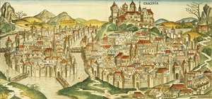 Hartmann Schedel（1440-1514）1493によるニュルンベルク年代記からのクラクフ（クラクフ）の街の眺め