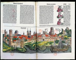 ケルンの町の眺め、ニュルンベルク年代記、ハルトマンシェデル作、1493年（色の木版画） 作： German School