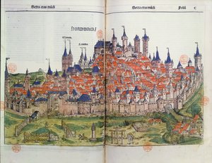 ニュルンベルクのクロニクルからのニュルンベルクの町の眺めHartmann Schedel（1440-1514）1493（color woodcut） 作： German School