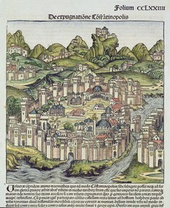 城壁に囲まれた街コンスタンティノープルの眺め、ニュルンベルク年代記、ハートマンシェデル（1440-1514）1493（木版）