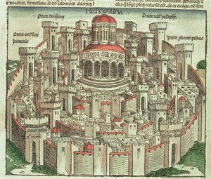 Hartmann Schedel（1440-1514）1493によるニュルンベルク年代記からのソロモンの神殿と城門を示すエルサレムの城壁に囲まれた都市の眺め 作： German School