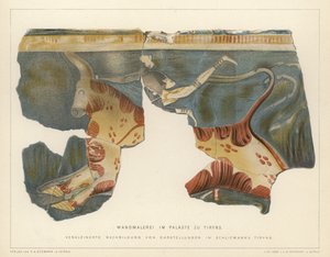 ドイツ人考古学者ハインリッヒ・シュリーマンが発掘したギリシャ・ティリンスのミケーネ宮殿の壁画（カラーリトグラフ 作： German School