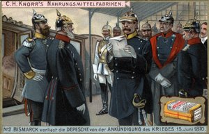 1870年の戦争。プロイセンのオットー・フォン・ビスマルク将軍（1815-1898）は、6月15日に宣戦布告を読み上げました。 作： German School
