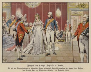 1793年12月24日、ベルリンの王宮で行われたプロイセンのフレデリック・ウィリアム皇太子とメクレンブルク＝シュトレリッツのルイーズ王女の結婚式（カラーリトグラフ）。 作： German School