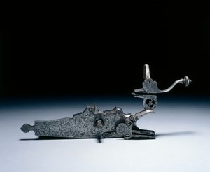 狩猟用ライフルのホイールロック 1700年代前半（スチール、刻印入り
